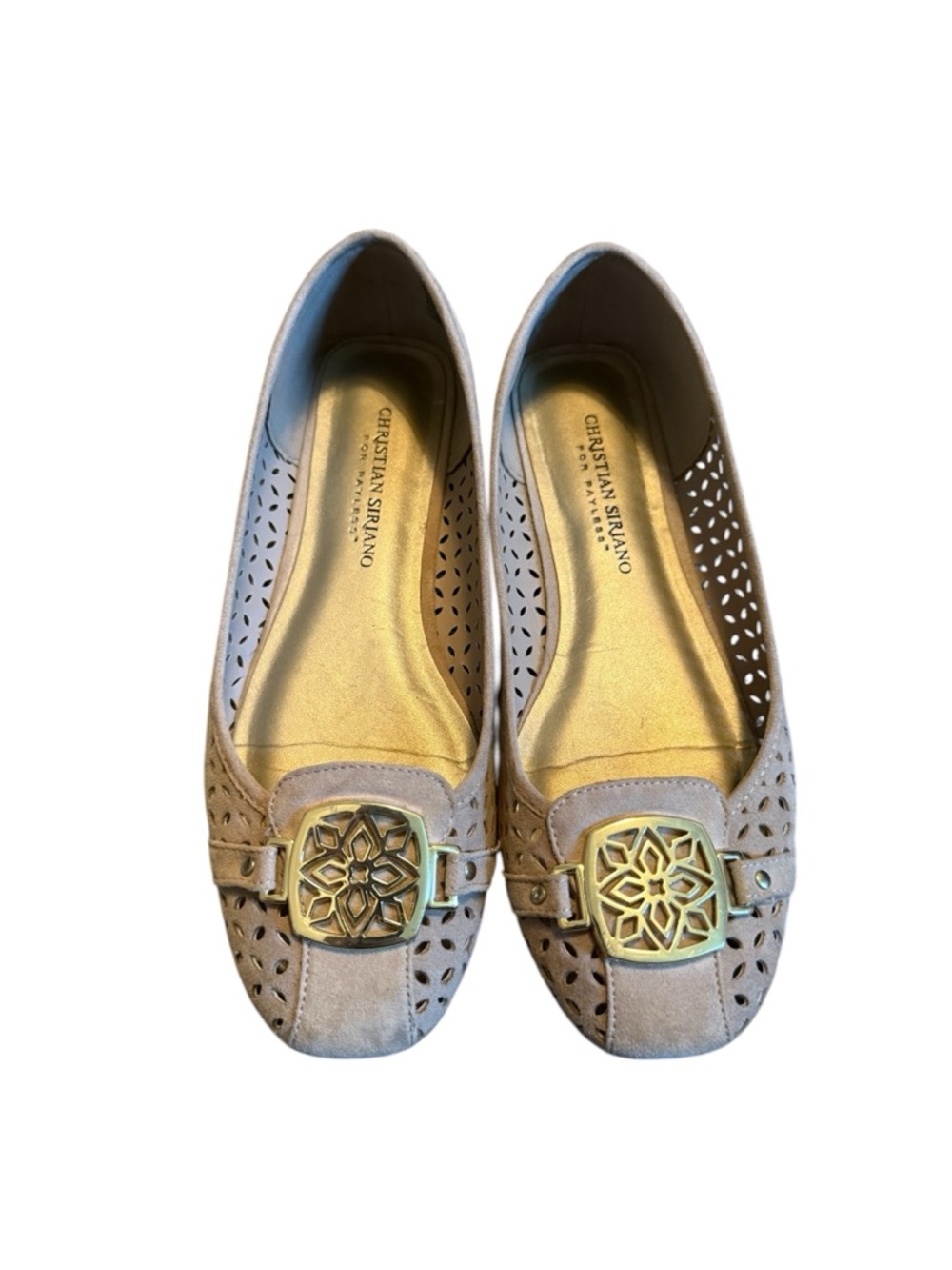 Christian Siriano Faux Taupe Suede Perforated Loafers with Gold Medallion